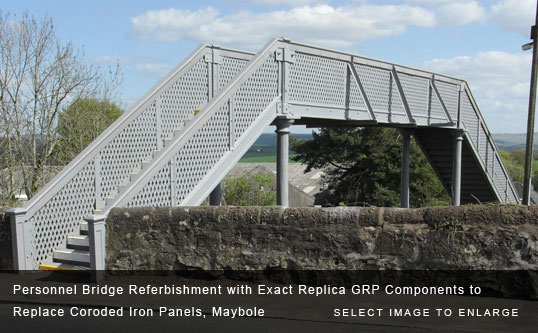Personnel Bridge Referbishment with Exact Replica GRP Components to Replace Coroded Iron Panels, Maybole