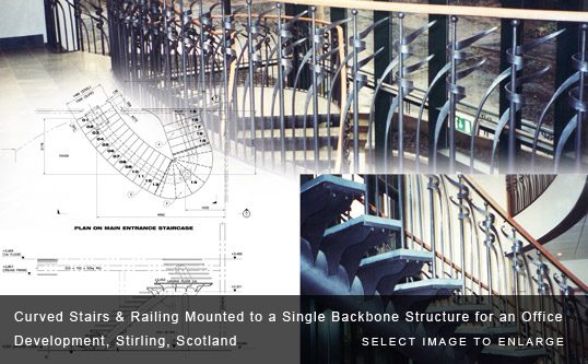 Curved Stairs & Railing Mounted to a Single Backbone Structure for an Office Development, Stirling, Scotland